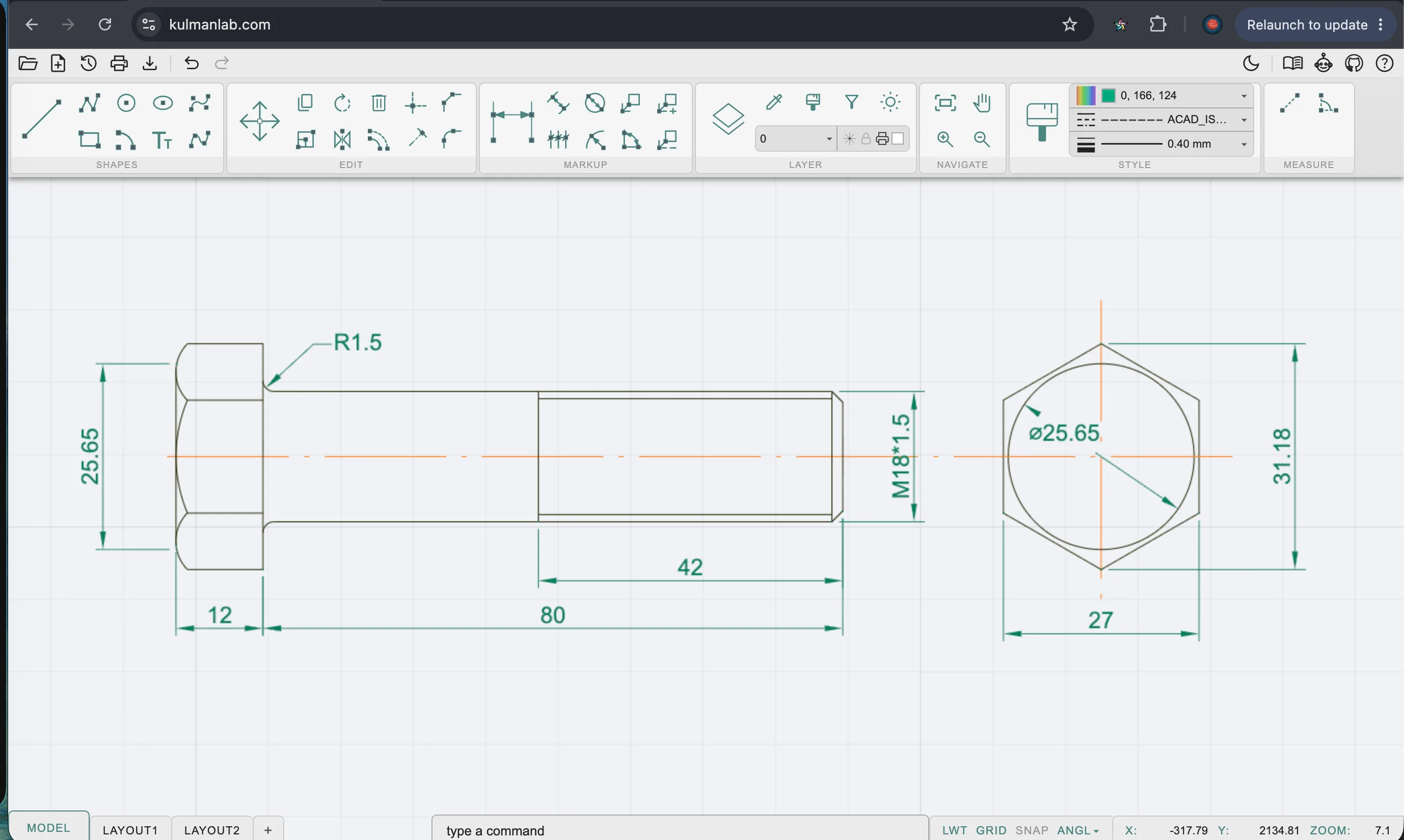 KulmanLab CAD — bolt drawing with layout tabs