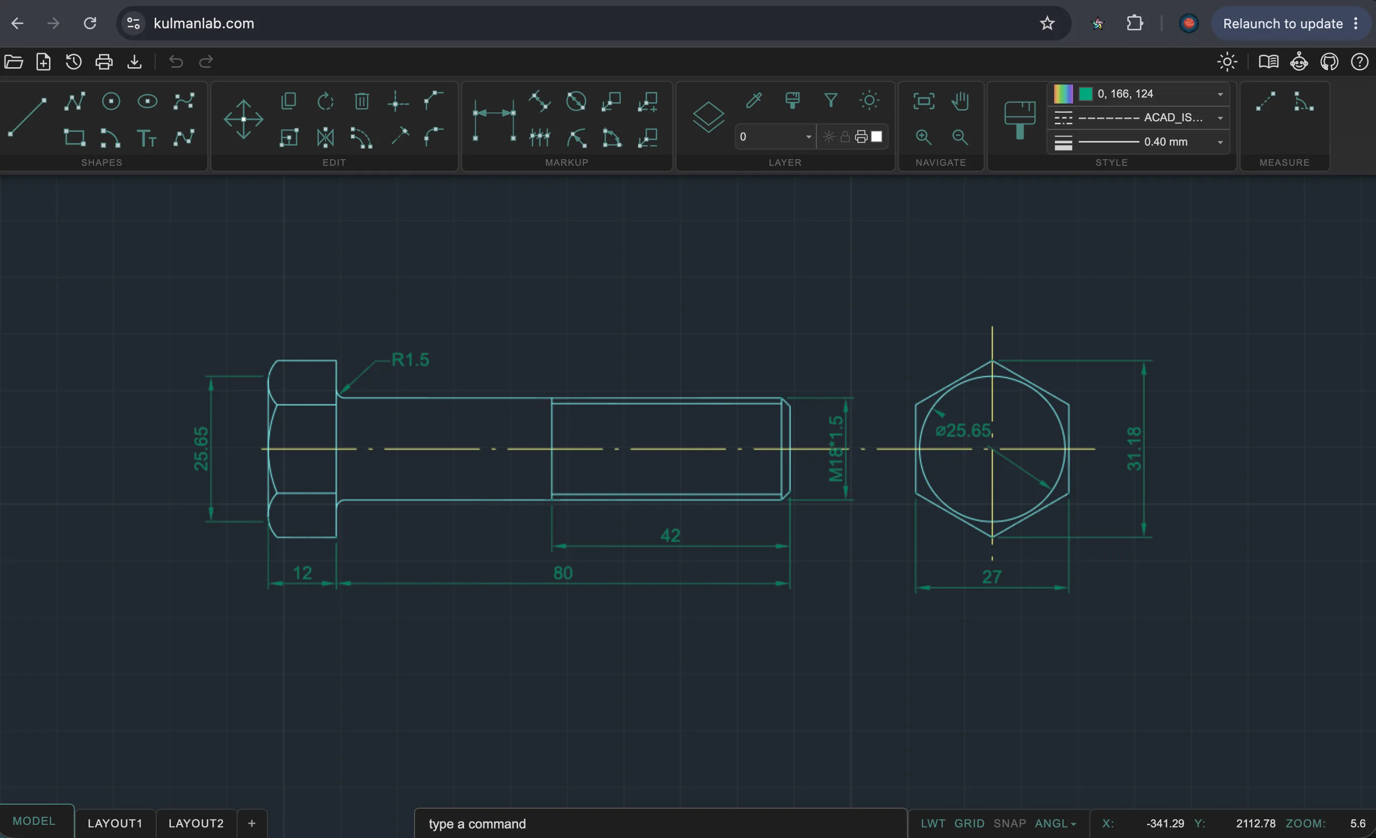 KulmanLab CAD — bolt drawing with dimensions